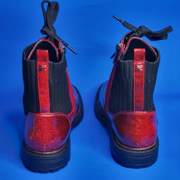 NEW Sam Edelman Lydell Girls Combat Boots Lace Up Ruby Red Glitter - Picture 5 of 7